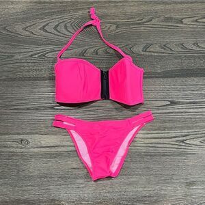 NWOT Jacques Designs Bathing Suit Zipper Front Strappy Back Bikini Pink Medium